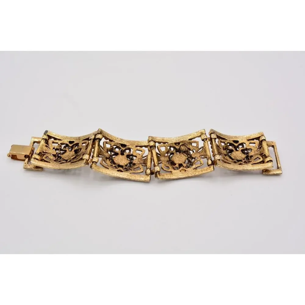 Vintage Cabochon Bracelet Multi-Color Antiqued Aged Gold Heavy Chunky 1960s Bin5